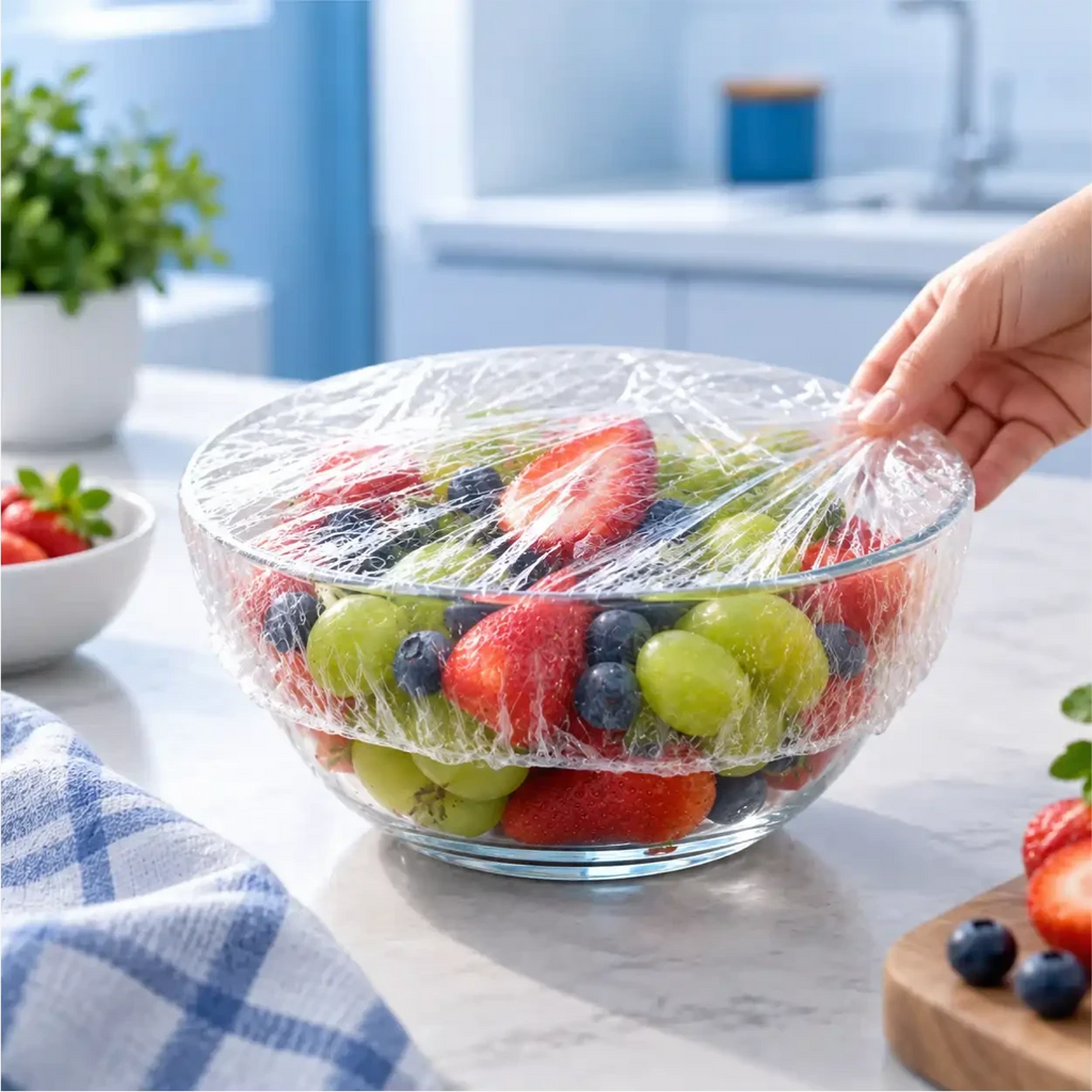 Capa elástica reutilizável Decoricasa vedando tigela de vidro com frutas frescas em uma cozinha