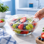 Capa elástica reutilizável Decoricasa vedando tigela de vidro com frutas frescas em uma cozinha