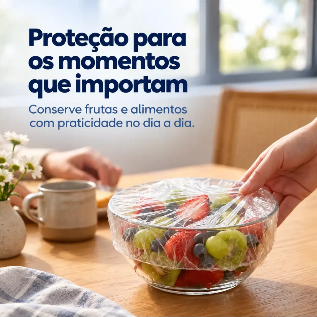 Capa elástica Fresh Cap Decoricasa vedando tigela de vidro com frutas frescas sobre mesa de madeira