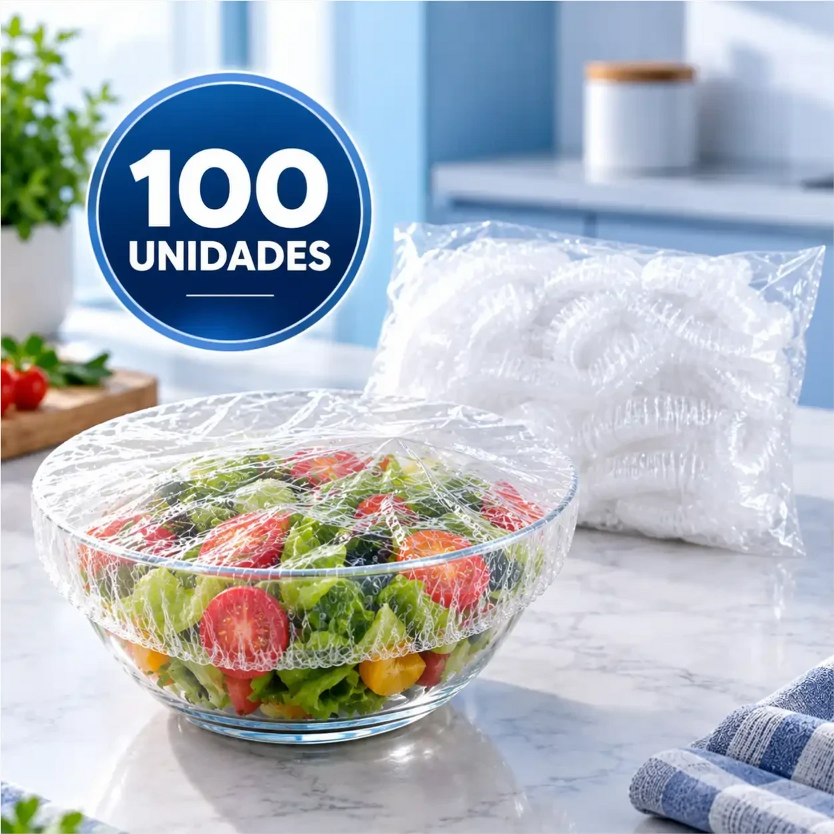 Capa elástica Decoricasa cobrindo tigela de salada, alternativa reutilizável ao plástico filme em cozinha moderna.