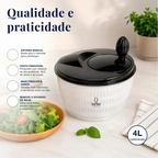 Centrífuga de salada manual Decoricasa de 4 litros com tampa preta e cesto removível para secar folhas e legumes.