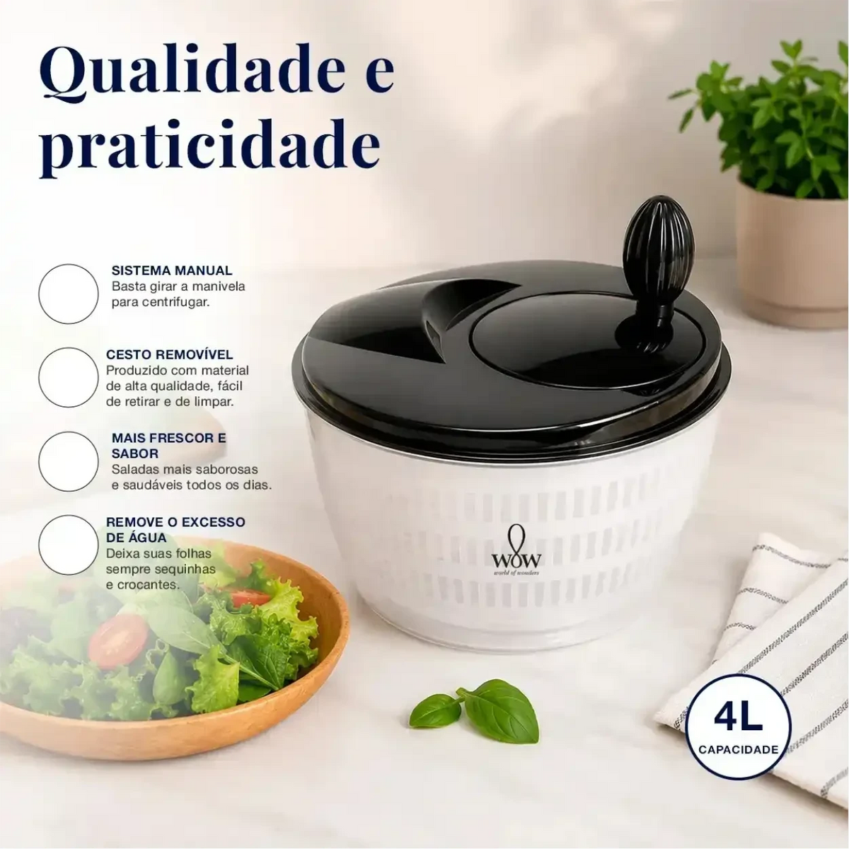 Centrífuga de salada manual Decoricasa de 4 litros com tampa preta e cesto removível para secar folhas e legumes.