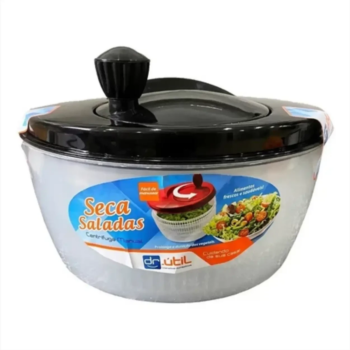 Centrífuga de salada manual Decoricasa de 4 litros com tampa preta e cesto transparente para secar folhas e legumes
