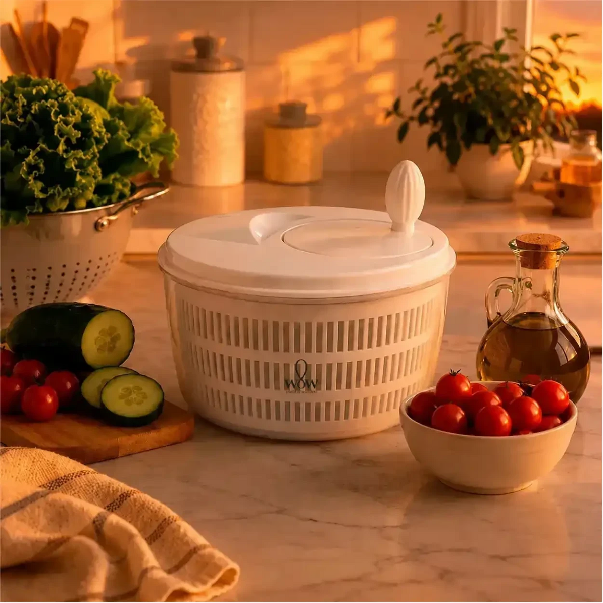 Centrífuga de salada manual Decoricasa de 4 litros branca sobre bancada de cozinha com vegetais frescos ao redor