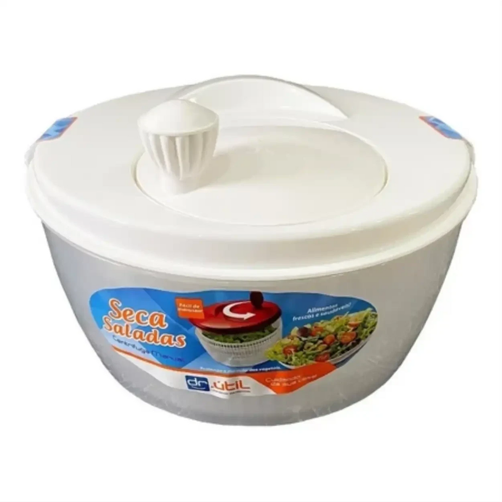 Centrífuga de salada manual Decoricasa de 4 litros com tigela transparente e tampa branca com manivela giratória
