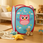 Cesto organizador dobrável Decoricasa azul com estampa de coruja rosa para brinquedos em quarto infantil