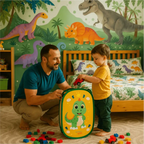 Pai e filho brincando com o cesto organizador Bagunça Zero da Decoricasa em um quarto infantil temático de dinossauros