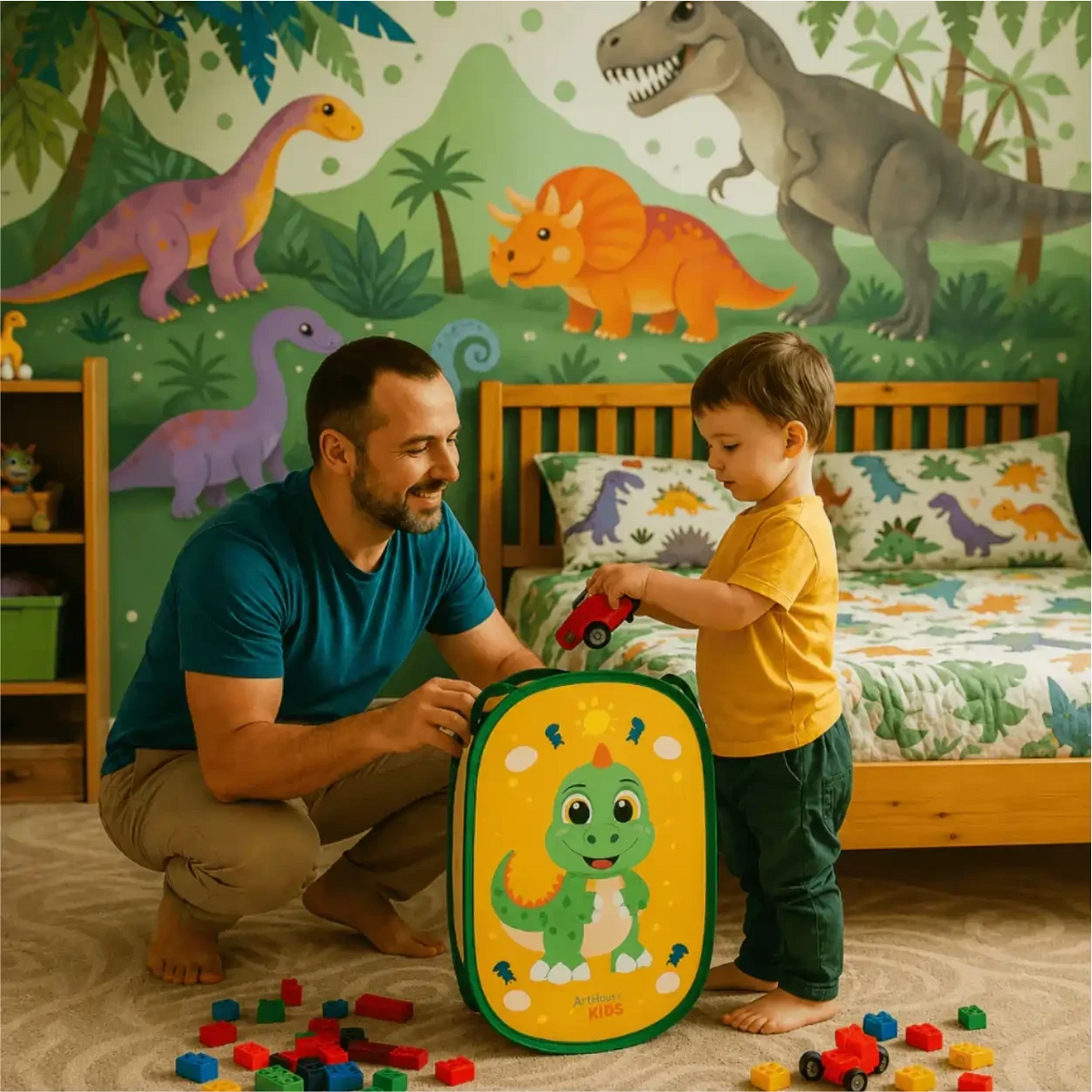 Pai e filho brincando com o cesto organizador Bagunça Zero da Decoricasa em um quarto infantil temático de dinossauros