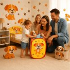 Cesto organizador de brinquedos dobrável Decoricasa com estampa de cachorrinho em quarto infantil com família