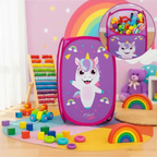 Cesto organizador de brinquedos Decoricasa roxo com estampa de unicórnio, dobrável e feito de tela respirável.