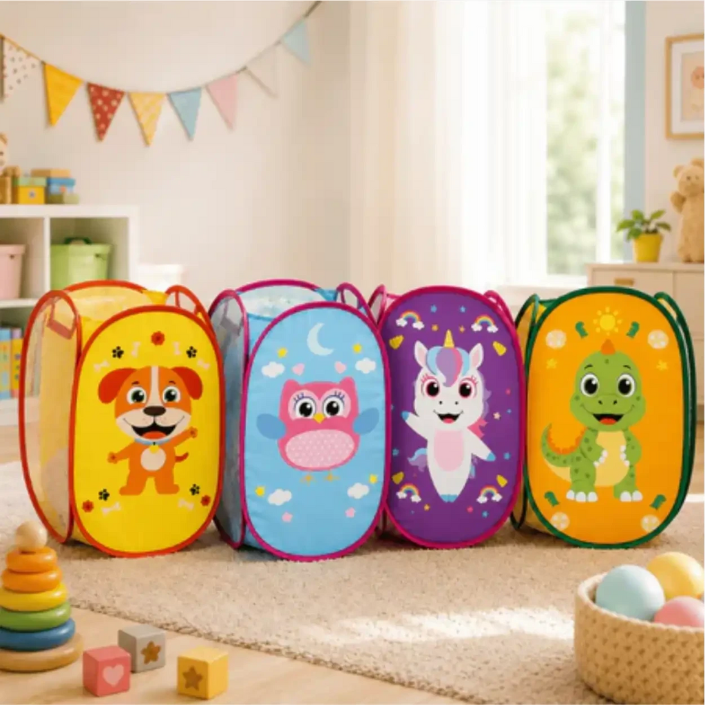 Cestos organizadores dobráveis Decoricasa com estampas de animais coloridos para brinquedos infantis