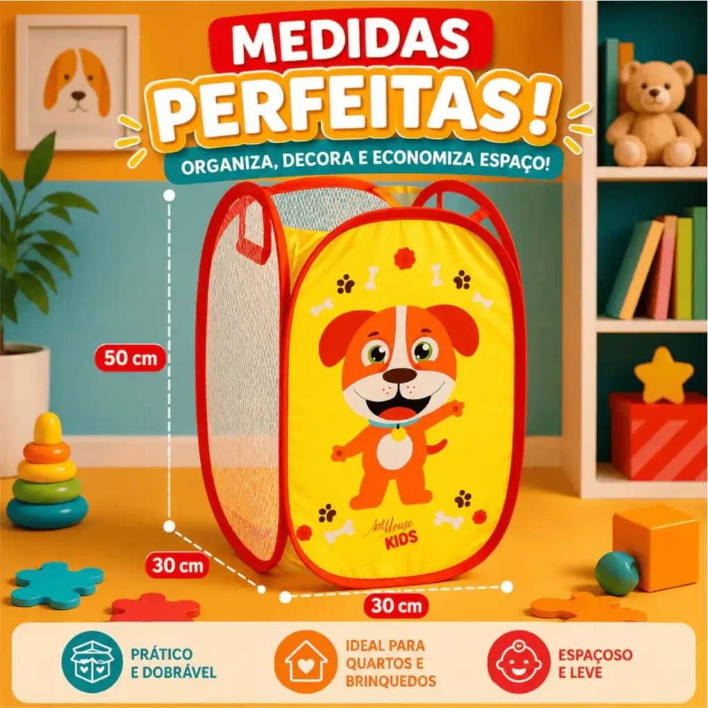 Cesto organizador infantil dobrável Decoricasa amarelo com estampa de cachorrinho para brinquedos e roupas