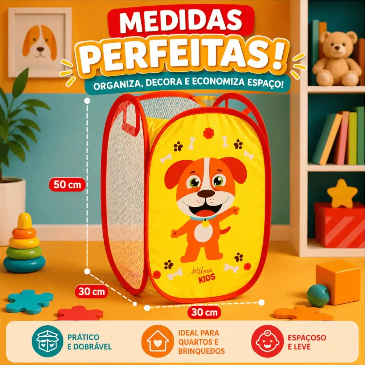 Cesto organizador infantil dobrável Decoricasa amarelo com estampa de cachorrinho para brinquedos e roupas