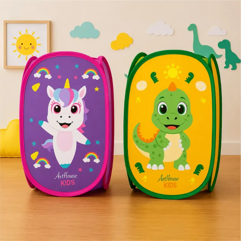 Cestos organizadores dobráveis Decoricasa com estampas de unicórnio e dinossauro para brinquedos infantis