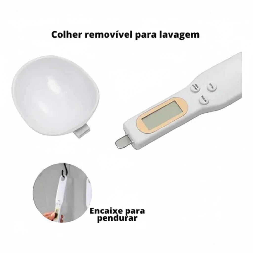 Colher medidora digital Decoricasa com balança, visor LCD e parte removível para limpeza fácil
