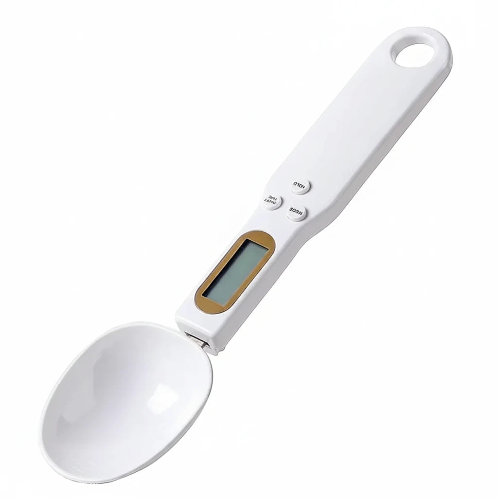 Colher medidora digital branca Decoricasa com visor LCD para pesagem precisa de ingredientes em receitas