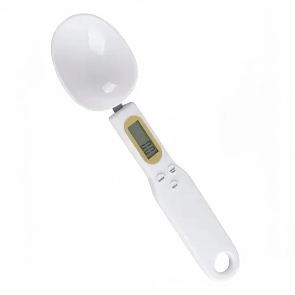Colher medidora digital branca Decoricasa com visor LCD para pesagem precisa de ingredientes culinários