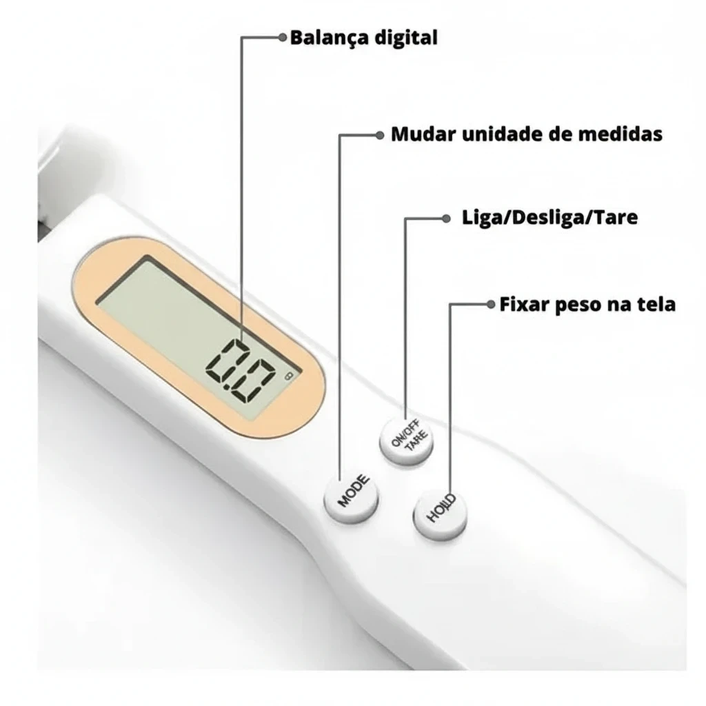 Colher medidora digital Decoricasa com visor LCD e botões de controle para pesagem precisa de ingredientes