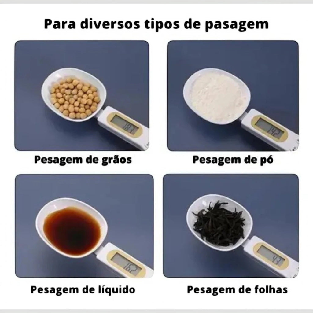 Colher medidora digital Decoricasa pesando grãos, pó, líquidos e folhas com visor LCD para precisão na cozinha.