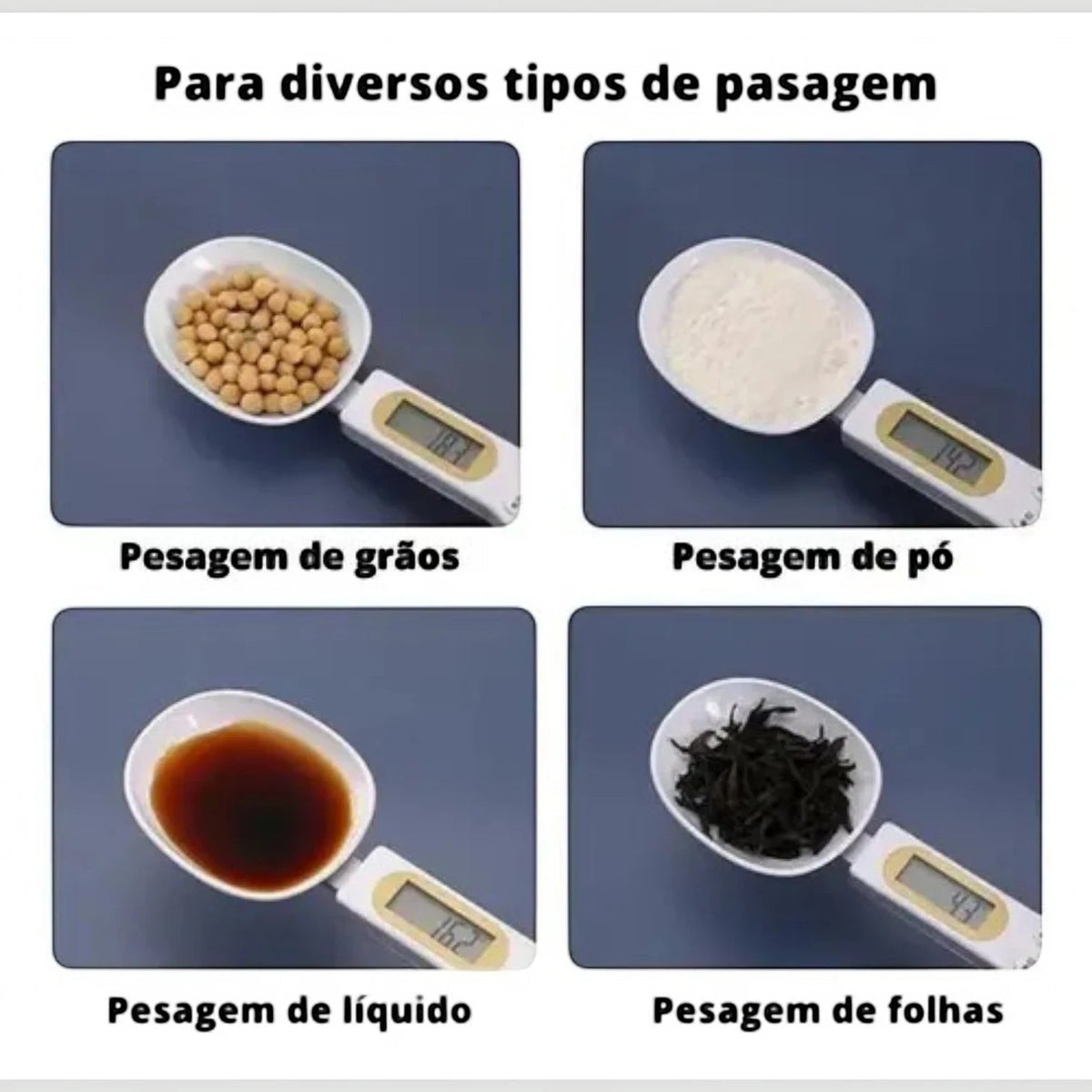 Colher medidora digital Decoricasa pesando grãos, pó, líquidos e folhas com visor LCD para precisão na cozinha.