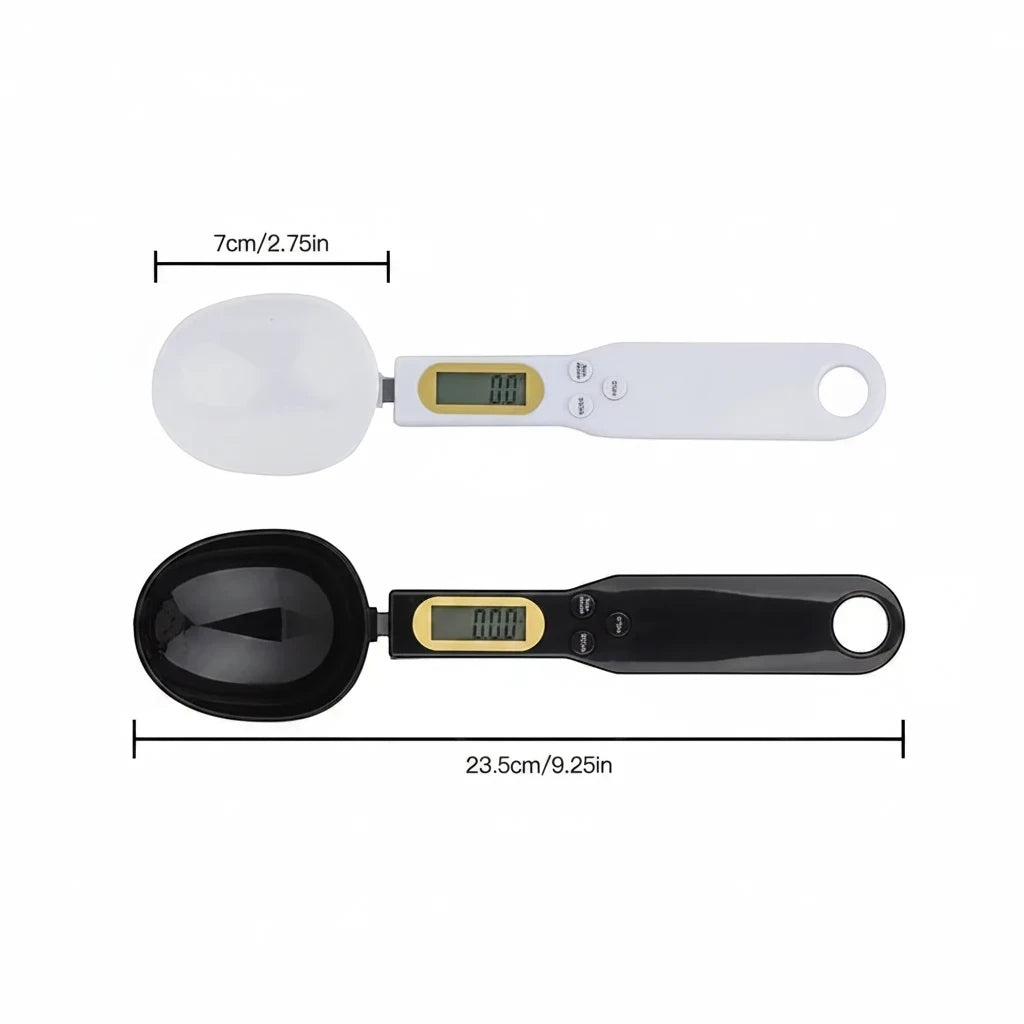 Colher medidora digital Dose Pro da Decoricasa com visor LCD, disponível nas cores branca e preta com medidas técnicas.