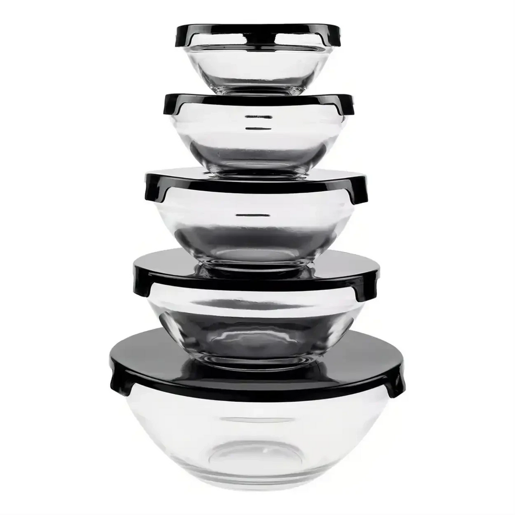 Conjunto de 5 potes de vidro Decoricasa empilhados com tampas pretas para armazenamento de alimentos