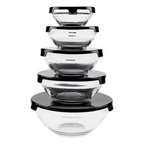 Conjunto de 5 potes de vidro Decoricasa empilhados com tampas pretas para armazenamento de alimentos