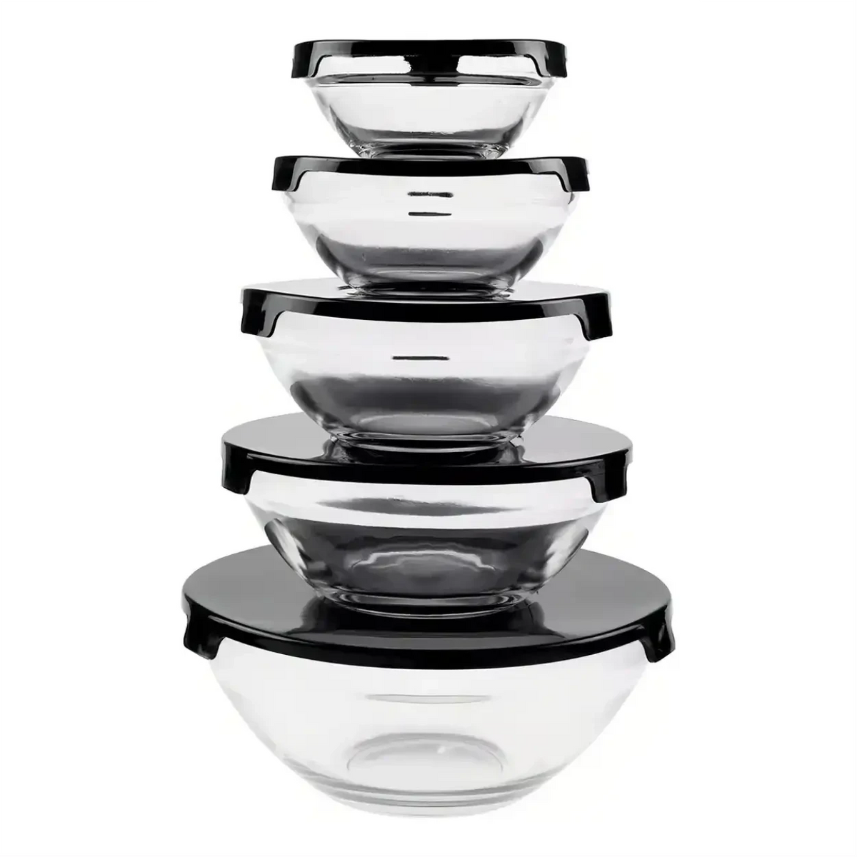 Conjunto de 5 potes de vidro Decoricasa empilhados com tampas pretas para armazenamento de alimentos