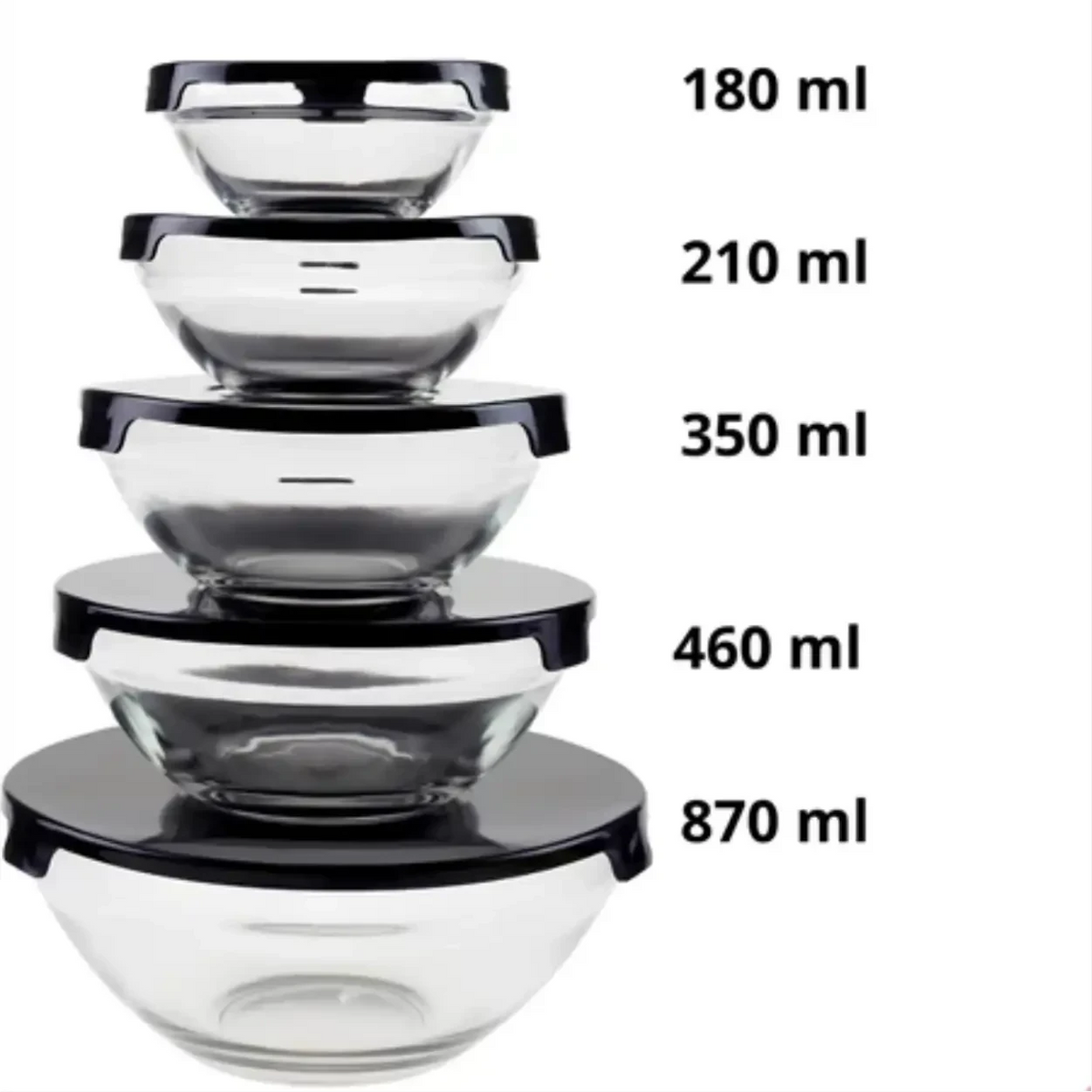 Conjunto de 5 potes de vidro Decoricasa com tampas pretas, empilhados em tamanhos variados de 180ml a 870ml.