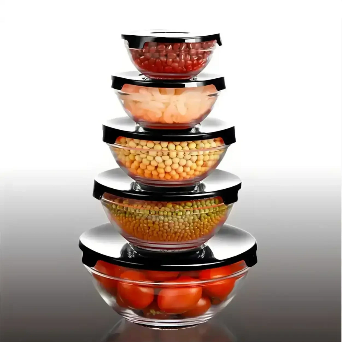 Conjunto de 5 potes de vidro Decoricasa empilhados com tampas pretas, contendo diferentes tipos de grãos e vegetais.