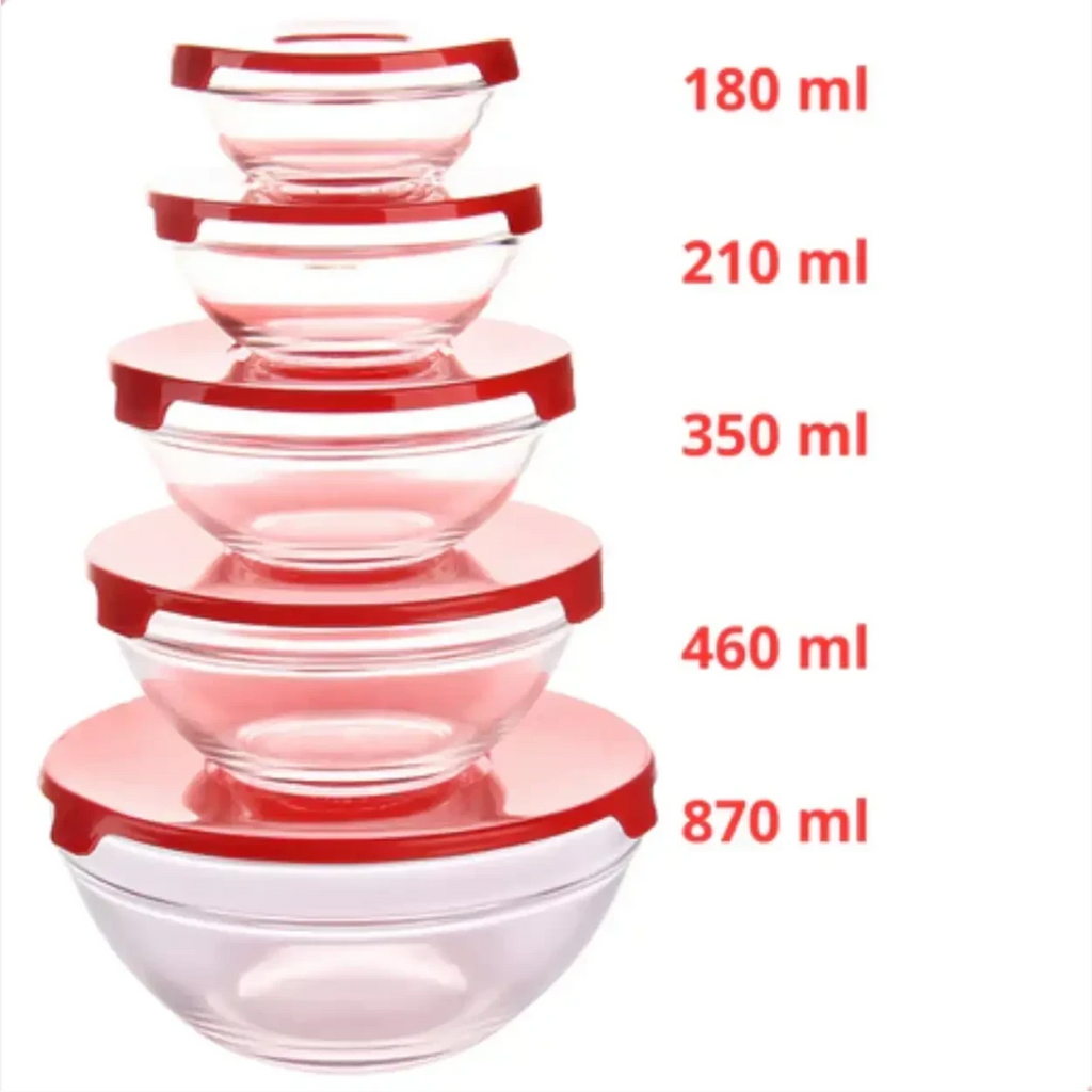 Conjunto de 5 potes de vidro Decoricasa com tampas vermelhas em tamanhos variados empilhados
