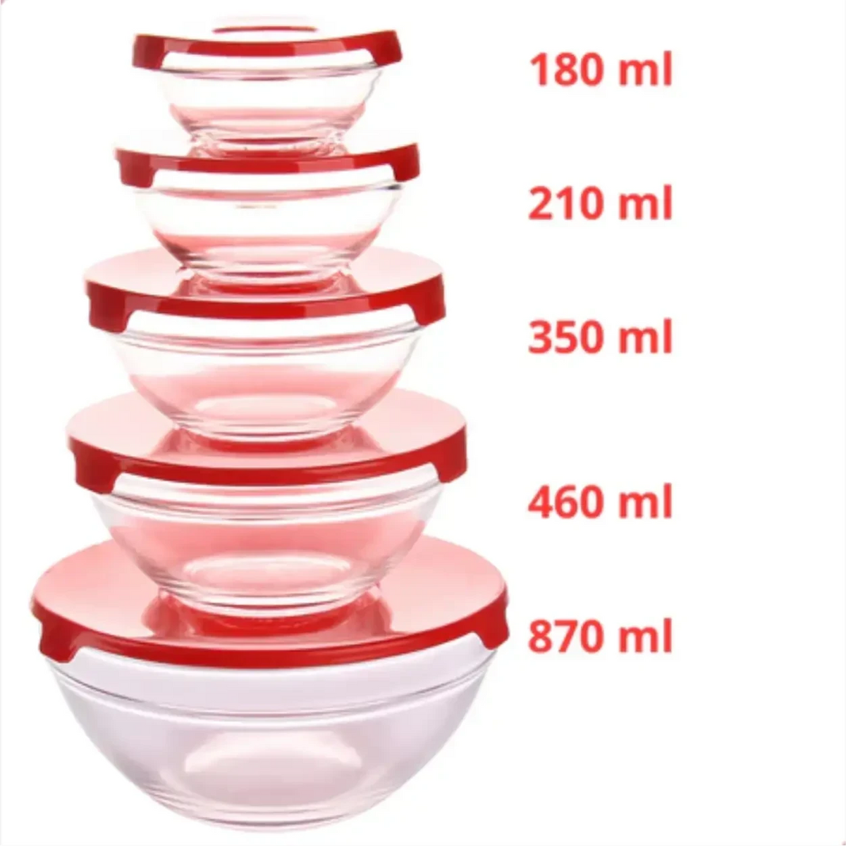 Conjunto de 5 potes de vidro Decoricasa com tampas vermelhas em tamanhos variados empilhados