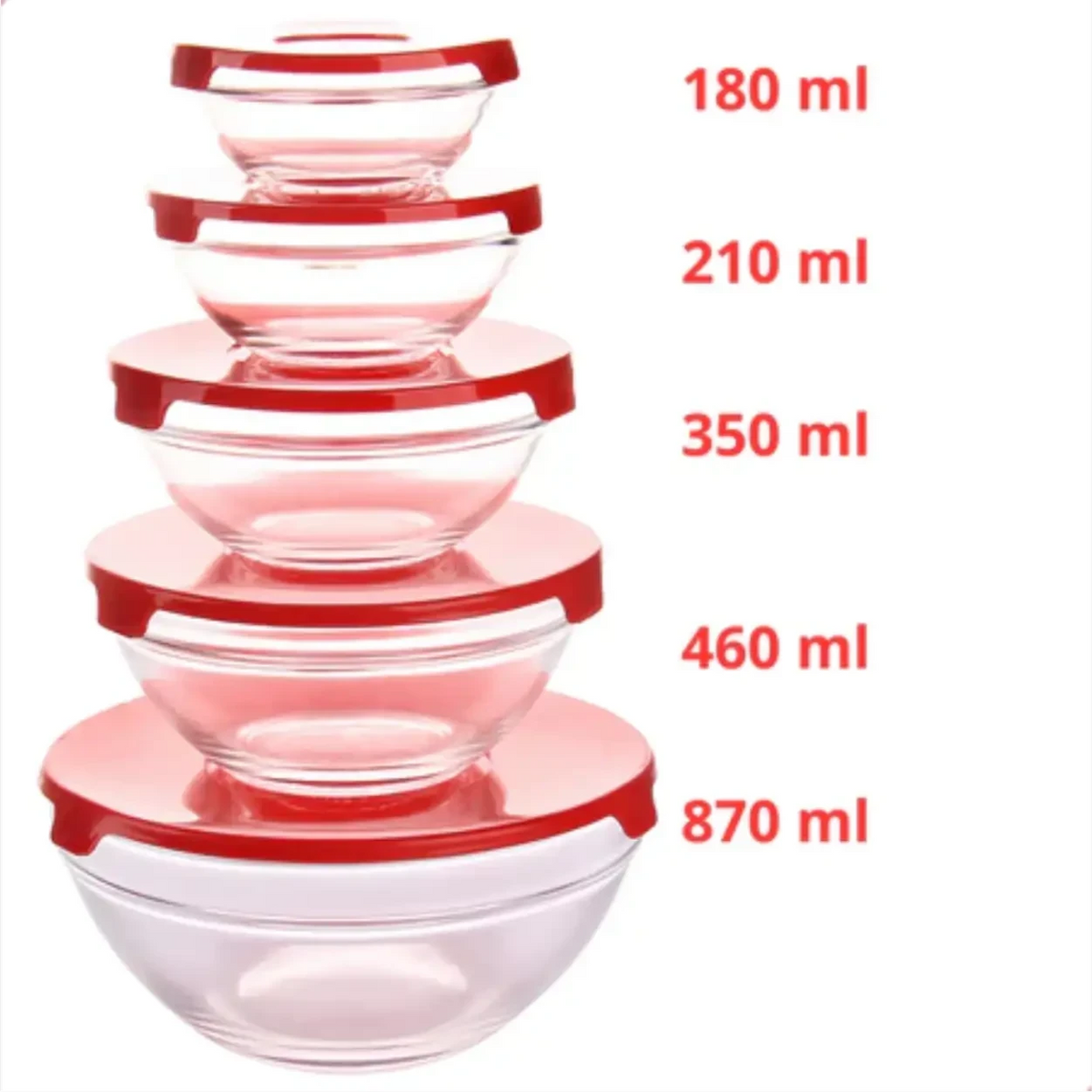 Conjunto de 5 potes de vidro Decoricasa com tampas vermelhas de tamanhos variados empilhados para organização