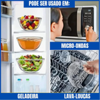 Conjunto de potes de vidro Decoricasa sendo usados na geladeira, micro-ondas e lava-louças para organizar alimentos.