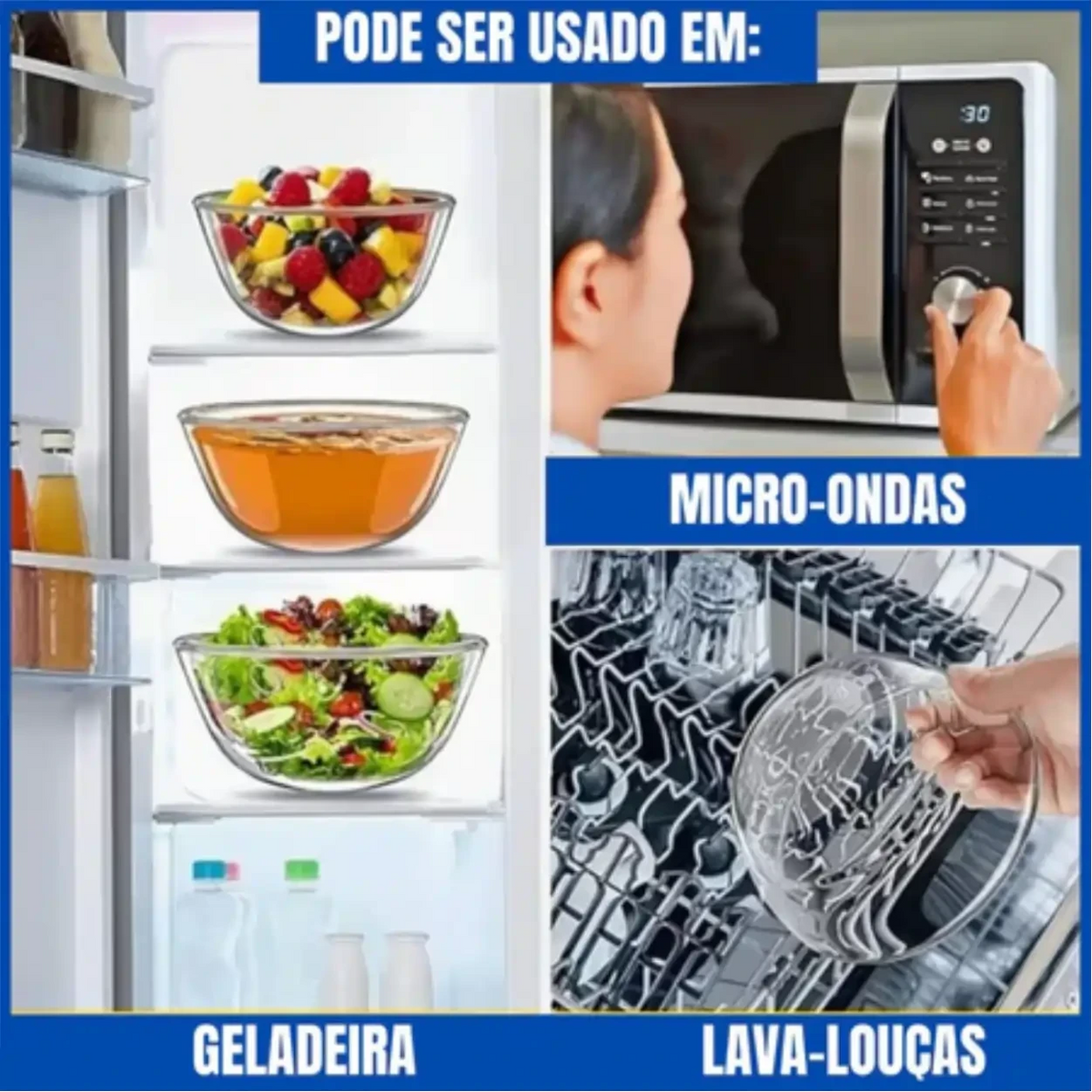 Conjunto de potes de vidro Decoricasa sendo usados na geladeira, micro-ondas e lava-louças para organizar alimentos.