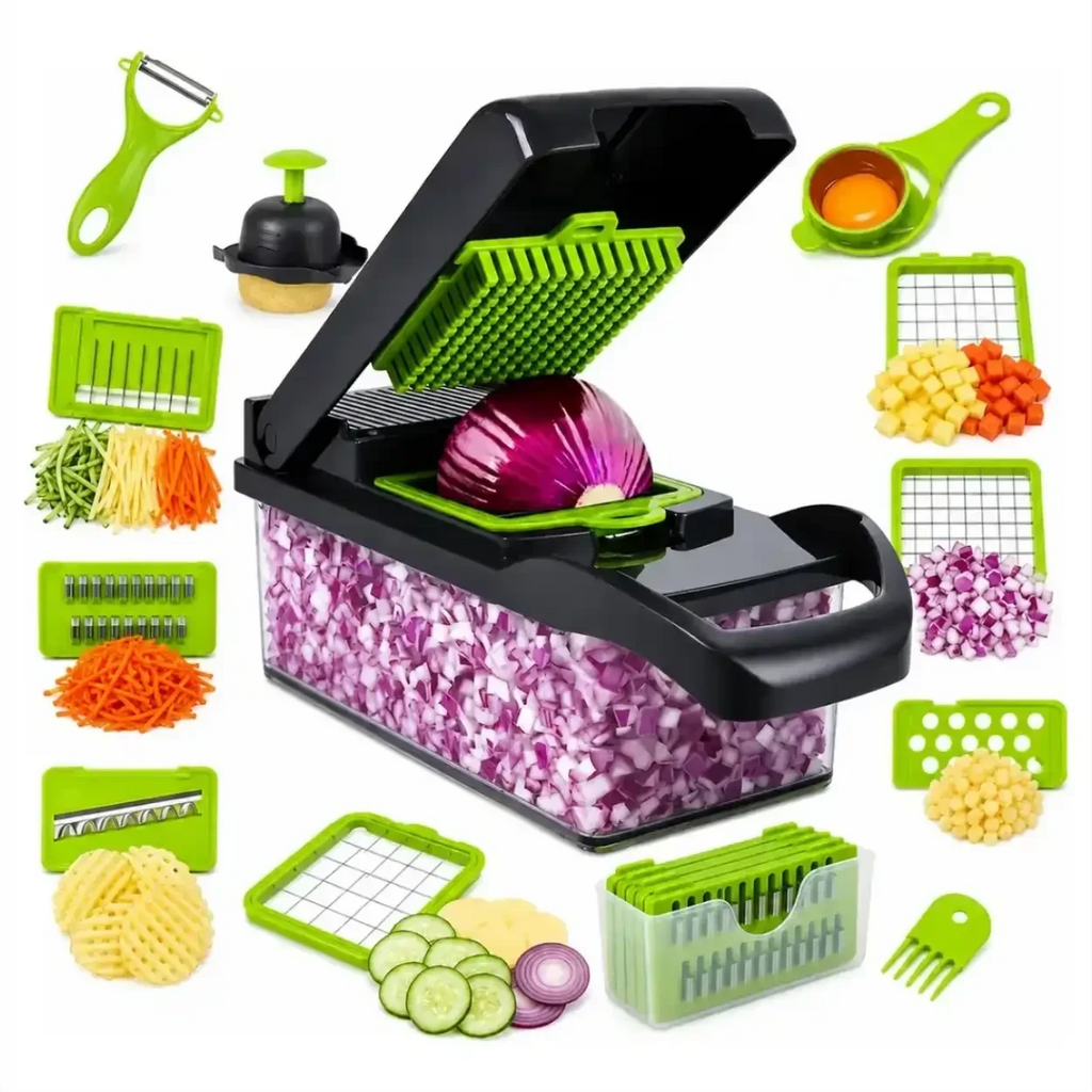 Cortador de legumes 16 em 1 CortaMix Decoricasa com lâminas de aço inox, recipiente transparente e acessórios variados.