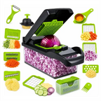 Cortador de legumes 16 em 1 CortaMix Decoricasa com lâminas de aço inox, recipiente transparente e acessórios variados.