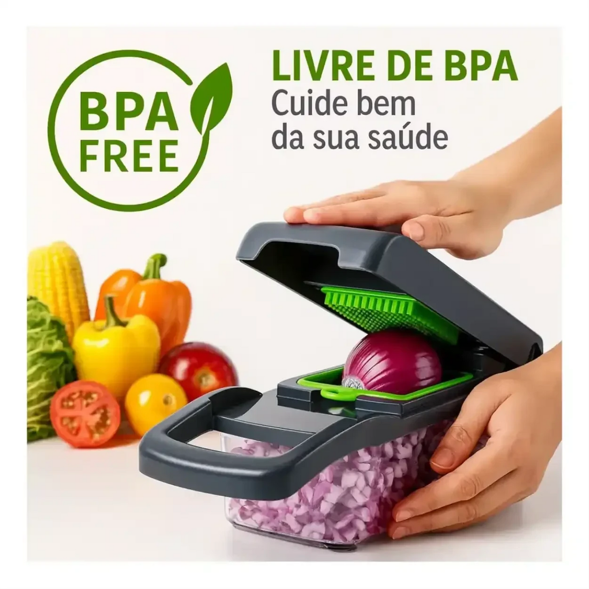 Cortador de legumes CortaMix Decoricasa 16 em 1 com lâminas de aço inox, corpo em ABS livre de BPA e recipiente