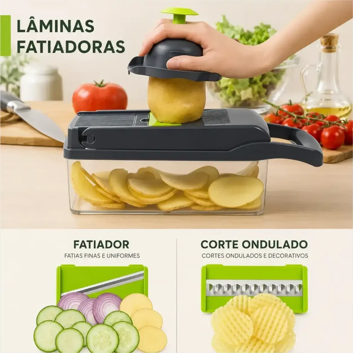 Cortador de legumes CortaMix Decoricasa com lâminas de aço inox, fatiador e suporte de segurança para cortes uniformes.