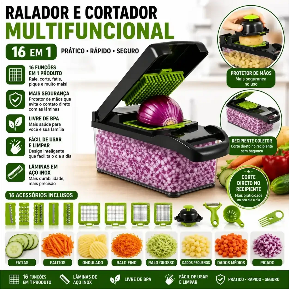 Cortador de legumes 16 em 1 Decoricasa com lâminas de aço inox, recipiente coletor e protetor de mãos para cortes.