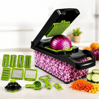 Cortador de legumes CortaMix Decoricasa 16 em 1 com lâminas de aço inox, recipiente e acessórios em verde e preto.