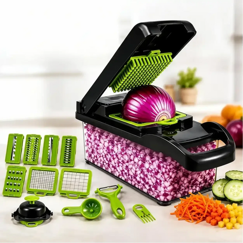 Cortador de legumes CortaMix Decoricasa 16 em 1 com lâminas de aço inox, recipiente e acessórios em verde e preto.