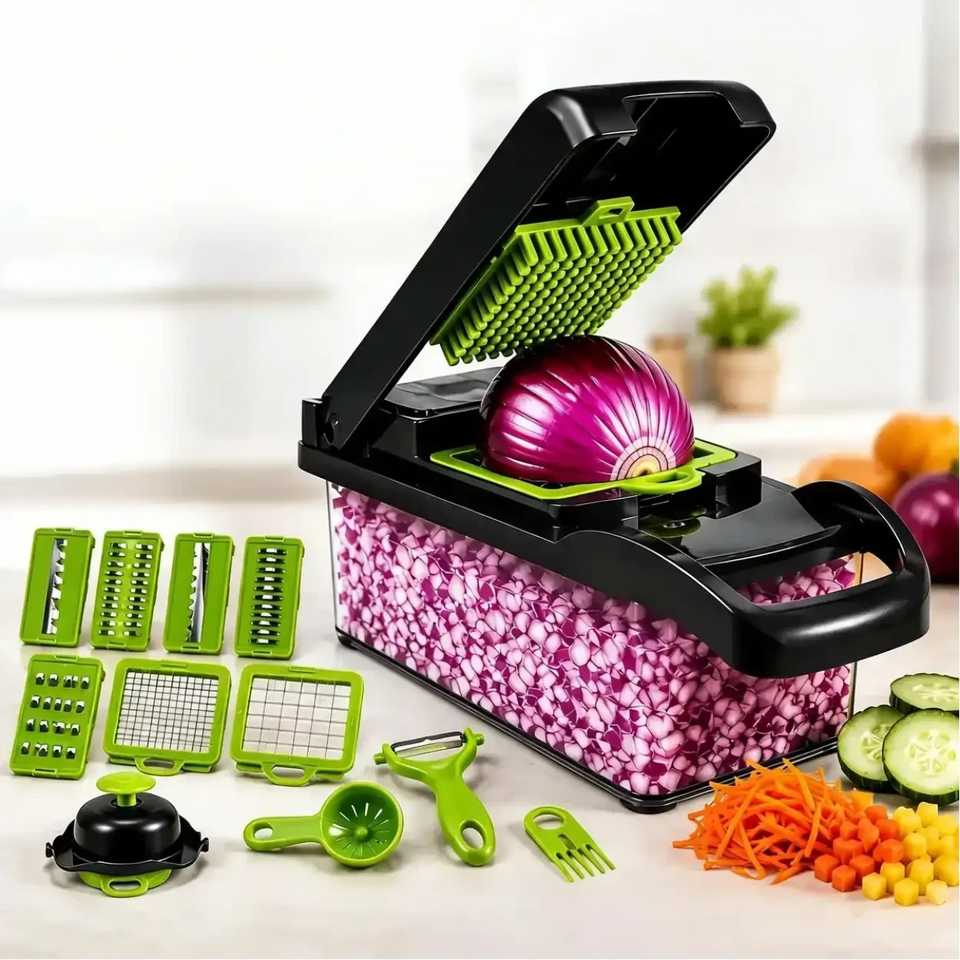 Cortador de legumes CortaMix Decoricasa 16 em 1 com lâminas de aço inox, recipiente e acessórios em verde e preto.