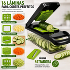 Cortador de legumes Decoricasa 16 em 1 com lâminas de aço inox, recipiente transparente e fatiador de pepino.