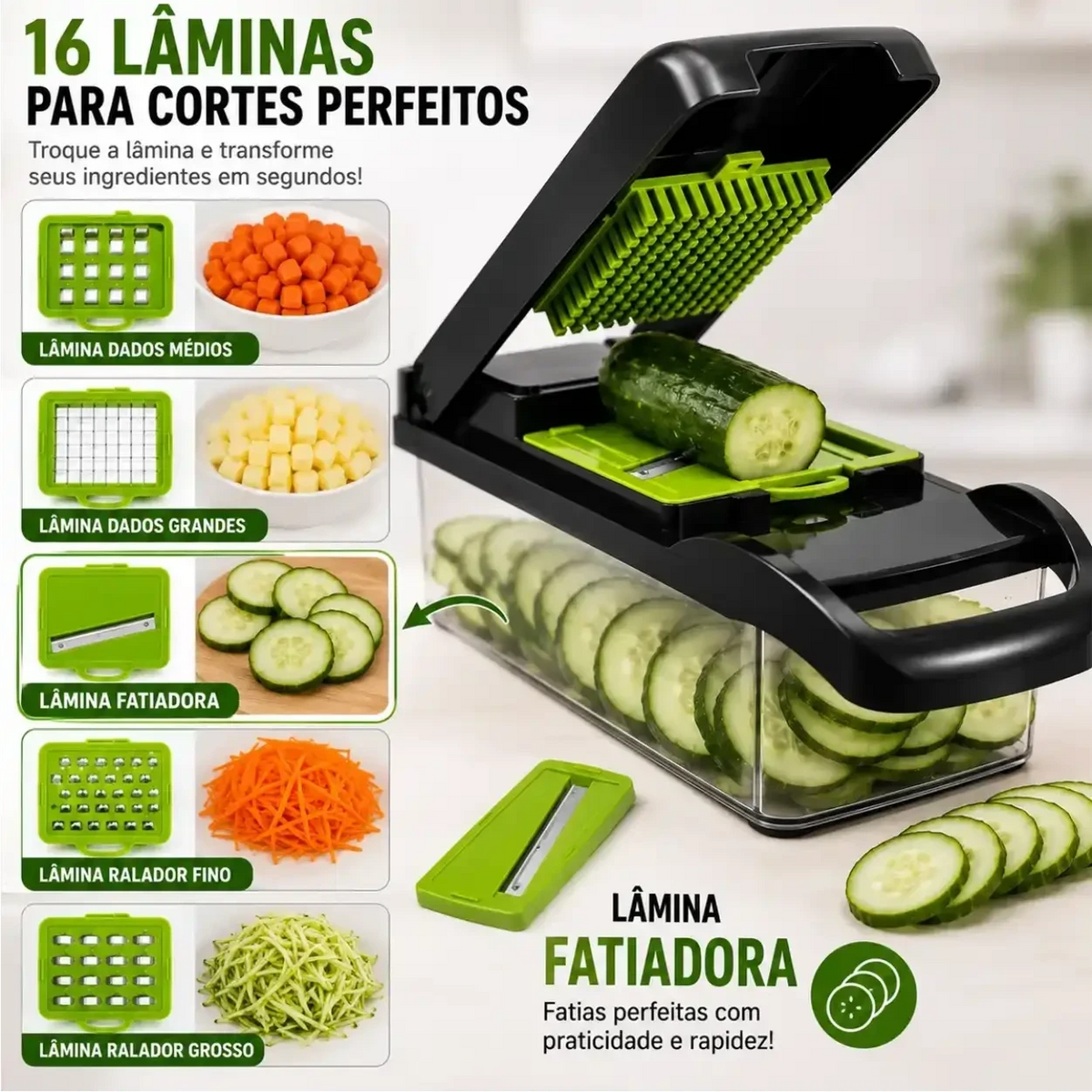 Cortador de legumes Decoricasa 16 em 1 com lâminas de aço inox, recipiente transparente e fatiador de pepino.