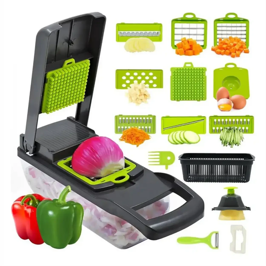 Cortador de legumes Decoricasa 16 em 1 com lâminas de aço inox, recipiente transparente e acessórios variados.