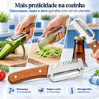 Descascador de legumes Decoricasa com lâmina de aço inox, cabo de madeira e abridor de garrafas integrado na cozinha.