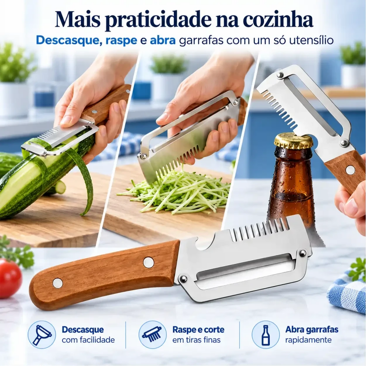 Descascador de legumes Decoricasa com lâmina de aço inox, cabo de madeira e abridor de garrafas integrado na cozinha.