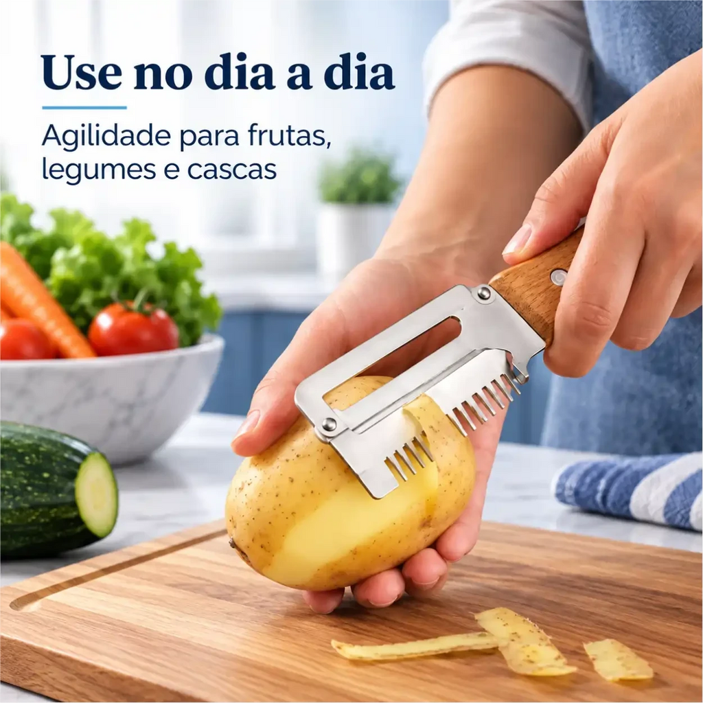 Descascador de legumes Decoricasa com lâmina de aço inox e cabo de madeira descascando batata sobre tábua de cozinha