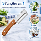 Descascador de legumes Decoricasa 3 em 1 com lâmina de aço inox, cabo de madeira e abridor de garrafas integrado.